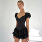 V Neck Ruffles Pleated Puff Sleeve Chic Black Summer Party Hollow Out Vintage Corset Dress The Clothing Company Sydney