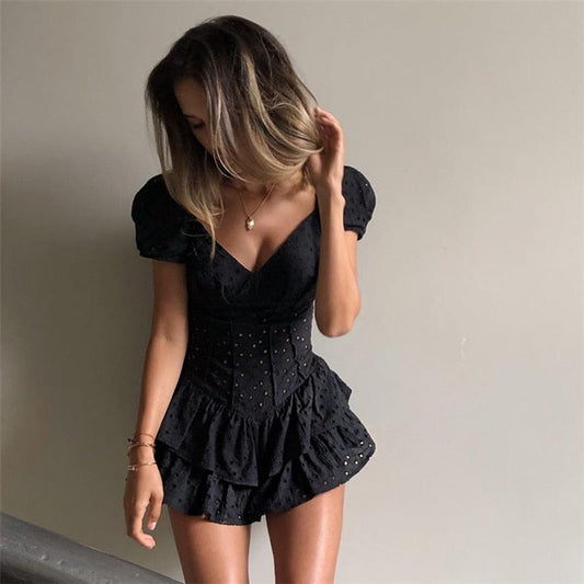 V Neck Ruffles Pleated Puff Sleeve Chic Black Summer Party Hollow Out Vintage Corset Dress The Clothing Company Sydney