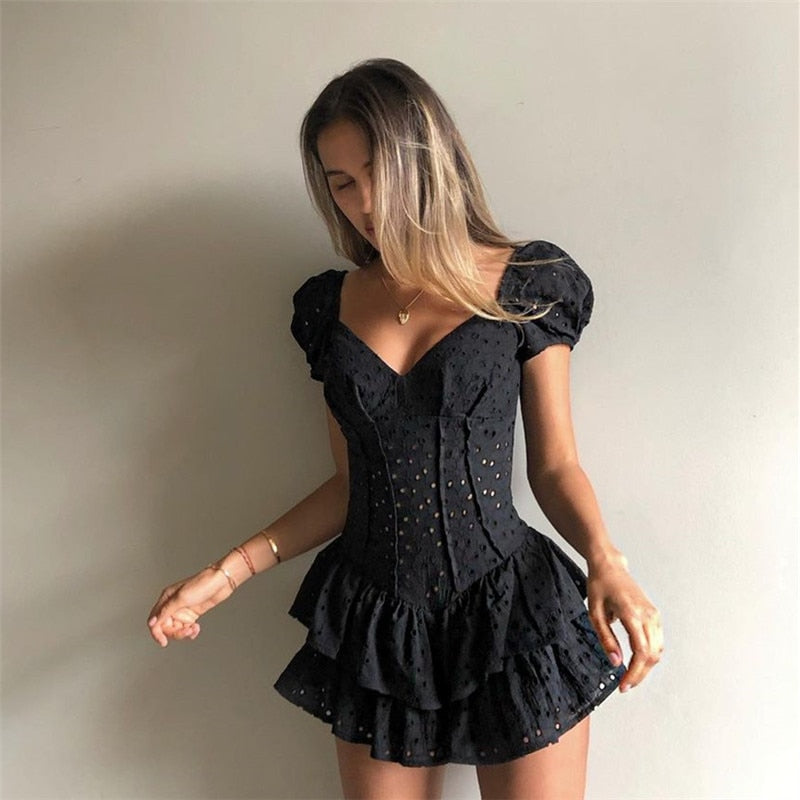 V Neck Ruffles Pleated Puff Sleeve Chic Black Summer Party Hollow Out Vintage Corset Dress The Clothing Company Sydney