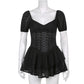 V Neck Ruffles Pleated Puff Sleeve Chic Black Summer Party Hollow Out Vintage Corset Dress The Clothing Company Sydney