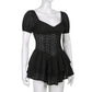 V Neck Ruffles Pleated Puff Sleeve Chic Black Summer Party Hollow Out Vintage Corset Dress The Clothing Company Sydney