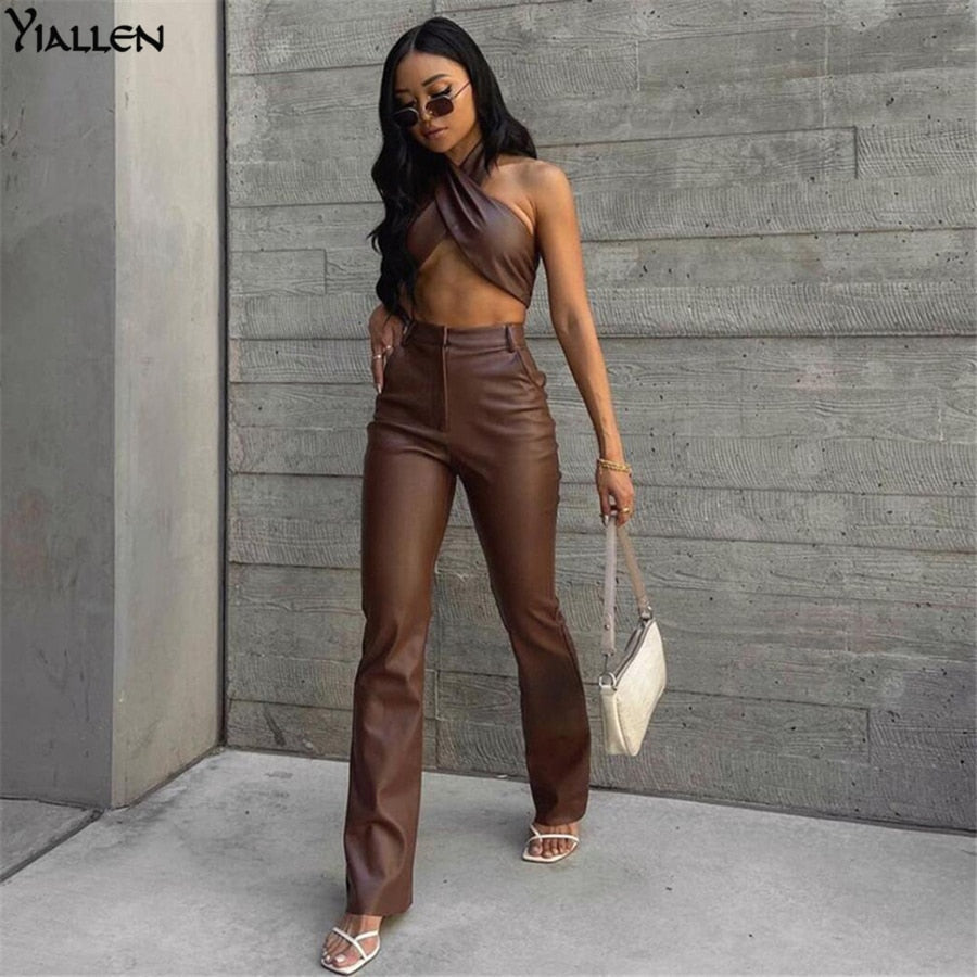 Autumn New PU leather Halter Sleeveless Crop Top And High Waist Straight Long Pants Casual Two Piece Sets The Clothing Company Sydney
