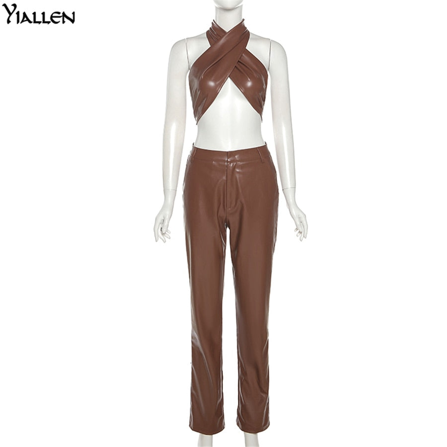 Autumn New PU leather Halter Sleeveless Crop Top And High Waist Straight Long Pants Casual Two Piece Sets The Clothing Company Sydney