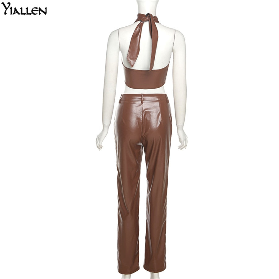 Autumn New PU leather Halter Sleeveless Crop Top And High Waist Straight Long Pants Casual Two Piece Sets The Clothing Company Sydney