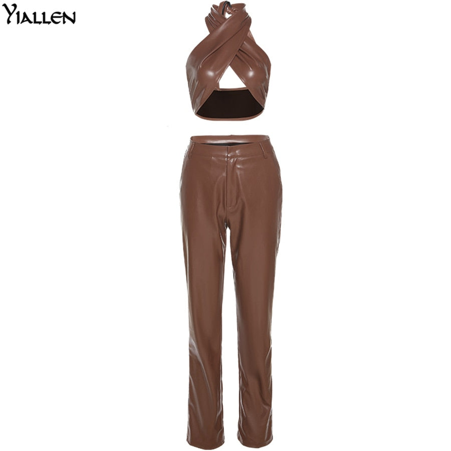 Autumn New PU leather Halter Sleeveless Crop Top And High Waist Straight Long Pants Casual Two Piece Sets The Clothing Company Sydney
