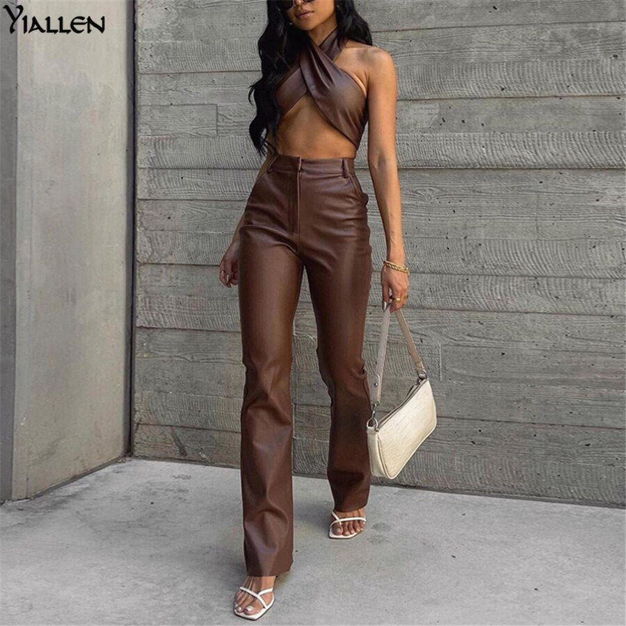 Autumn New PU leather Halter Sleeveless Crop Top And High Waist Straight Long Pants Casual Two Piece Sets The Clothing Company Sydney