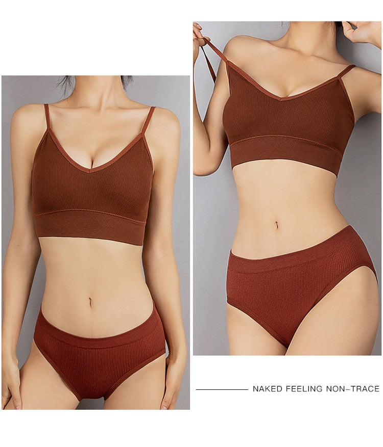 Seamless Cotton Seamless Bralette Set With Low Waist Panties And