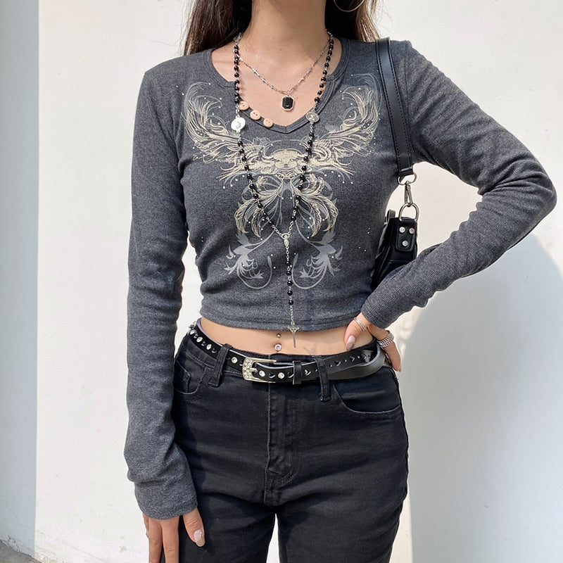 Vintage Rhinestone Print Graphic  Long leeve T shirt Grunge Fairycore Y2K Crop Top Dark Academia Autumn T-shirt The Clothing Company Sydney