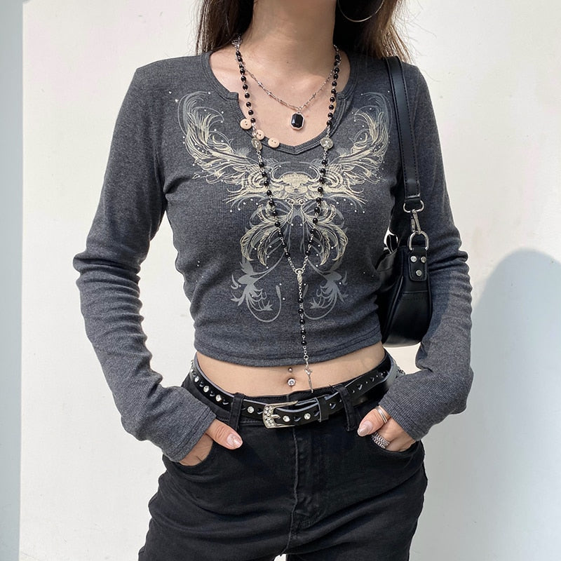 Vintage Rhinestone Print Graphic  Long leeve T shirt Grunge Fairycore Y2K Crop Top Dark Academia Autumn T-shirt The Clothing Company Sydney