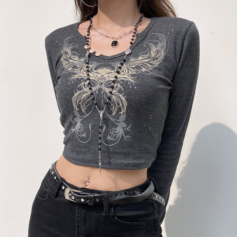 Vintage Rhinestone Print Graphic  Long leeve T shirt Grunge Fairycore Y2K Crop Top Dark Academia Autumn T-shirt The Clothing Company Sydney