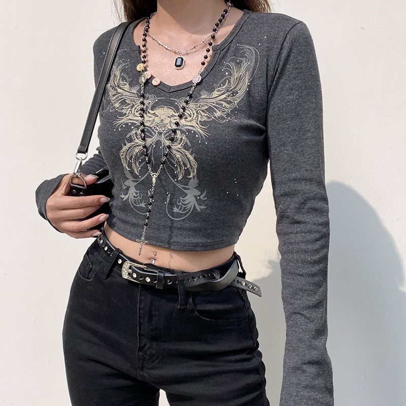 Vintage Rhinestone Print Graphic  Long leeve T shirt Grunge Fairycore Y2K Crop Top Dark Academia Autumn T-shirt The Clothing Company Sydney