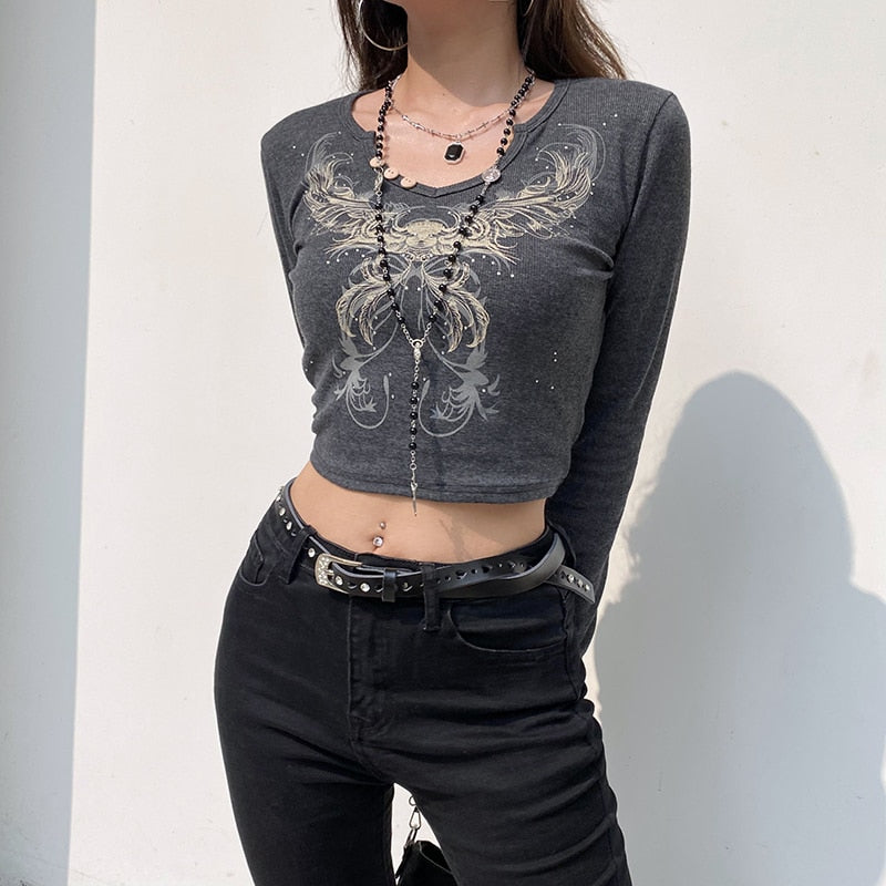 Vintage Rhinestone Print Graphic  Long leeve T shirt Grunge Fairycore Y2K Crop Top Dark Academia Autumn T-shirt The Clothing Company Sydney