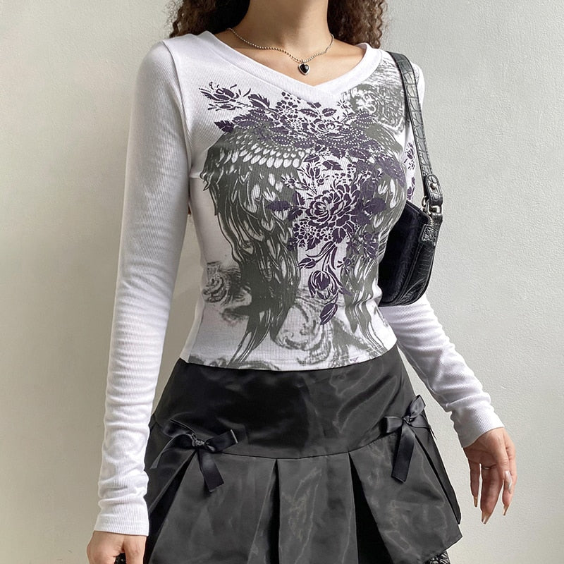 Retro Fairycore Printed Y2K Graphic T shirts Fashion Slim Dark Academia Crop Tops Chic Grunge Autumn Top The Clothing Company Sydney