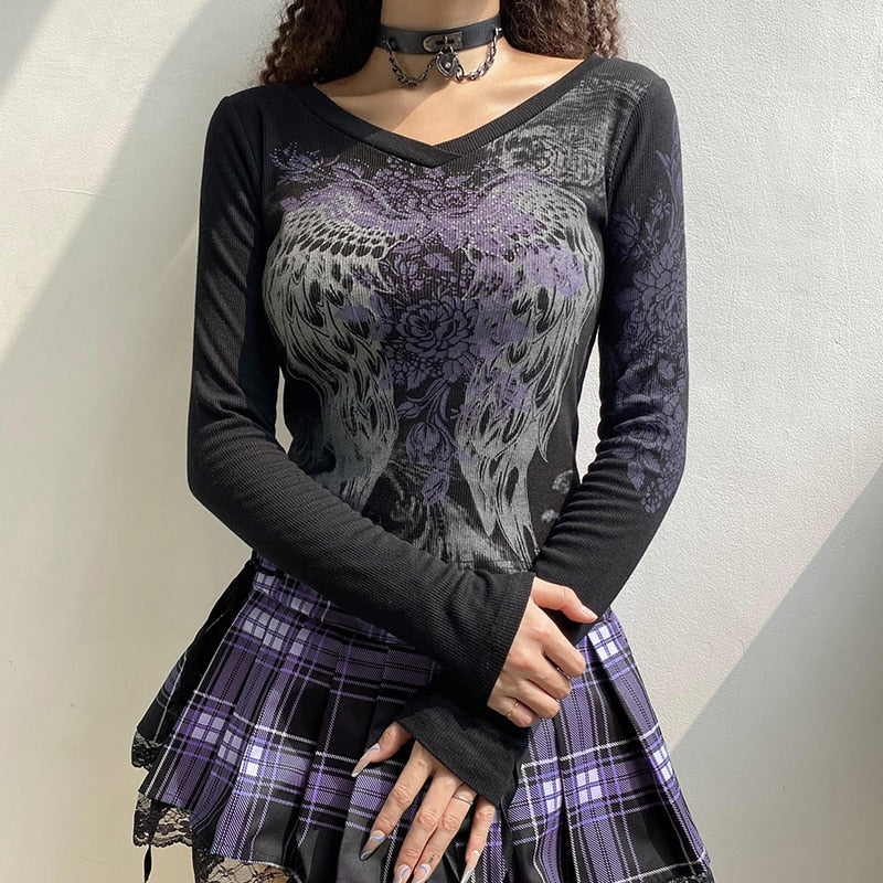 Retro Fairycore Printed Y2K Graphic T shirts Fashion Slim Dark Academia Crop Tops Chic Grunge Autumn Top The Clothing Company Sydney