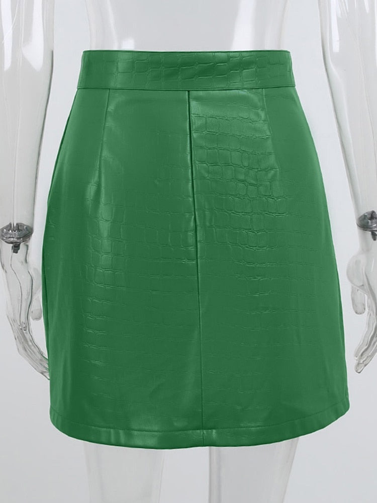 Faux Leather Crocodile Pattern A-Line Skirt Elegant Green High Waist Split Mini Skirt The Clothing Company Sydney