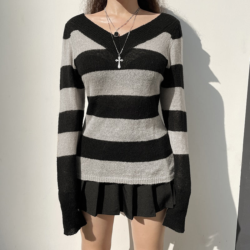 V Neck Stripe Long Sleeve Knitted Sweater Tops Casual Basic Vintage Autumn Pullover Top The Clothing Company Sydney