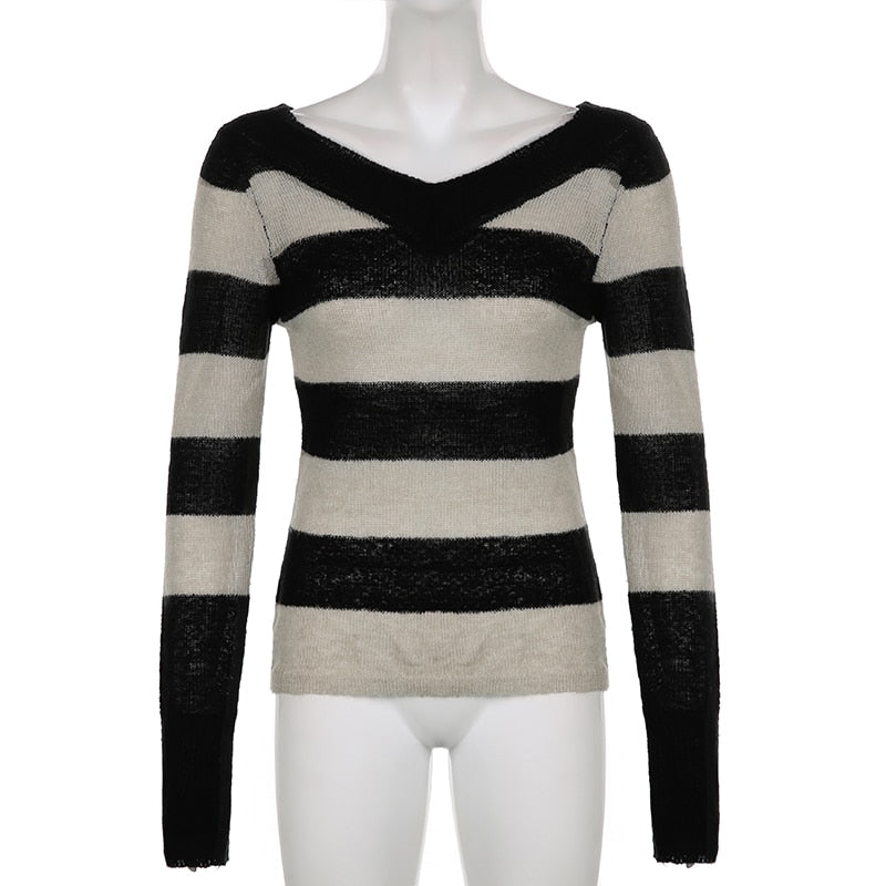 V Neck Stripe Long Sleeve Knitted Sweater Tops Casual Basic Vintage Autumn Pullover Top The Clothing Company Sydney