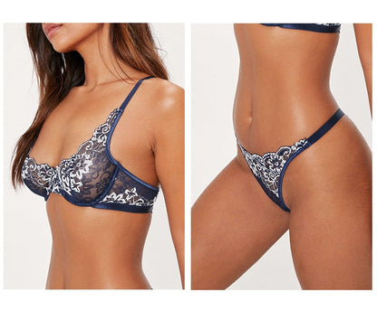 2 Piece Lingerie Deep-V Brief Floral Embroidery Underwear Push up Underwire Bra Transparent Intimate Set The Clothing Company Sydney