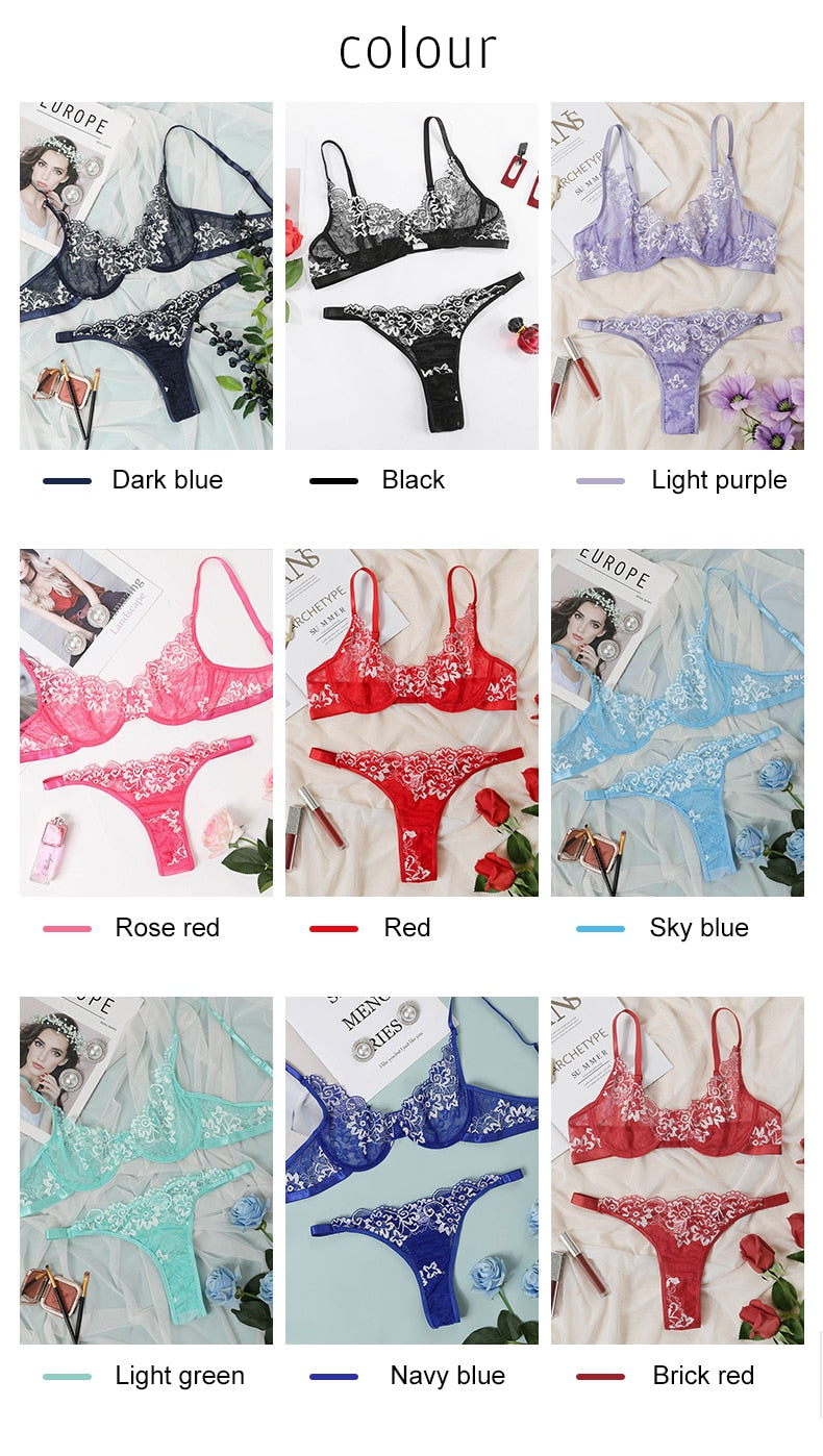 2 Piece Lingerie Deep-V Brief Floral Embroidery Underwear Push up Underwire Bra Transparent Intimate Set The Clothing Company Sydney