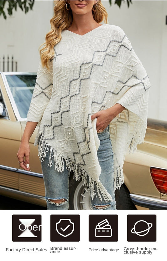 Autumn Winter Sweaters Poncho Knitting Capes Cloak Sweater V-Neck Irregular Hem Tassels Coat Striped Knitted Pullover The Clothing Company Sydney