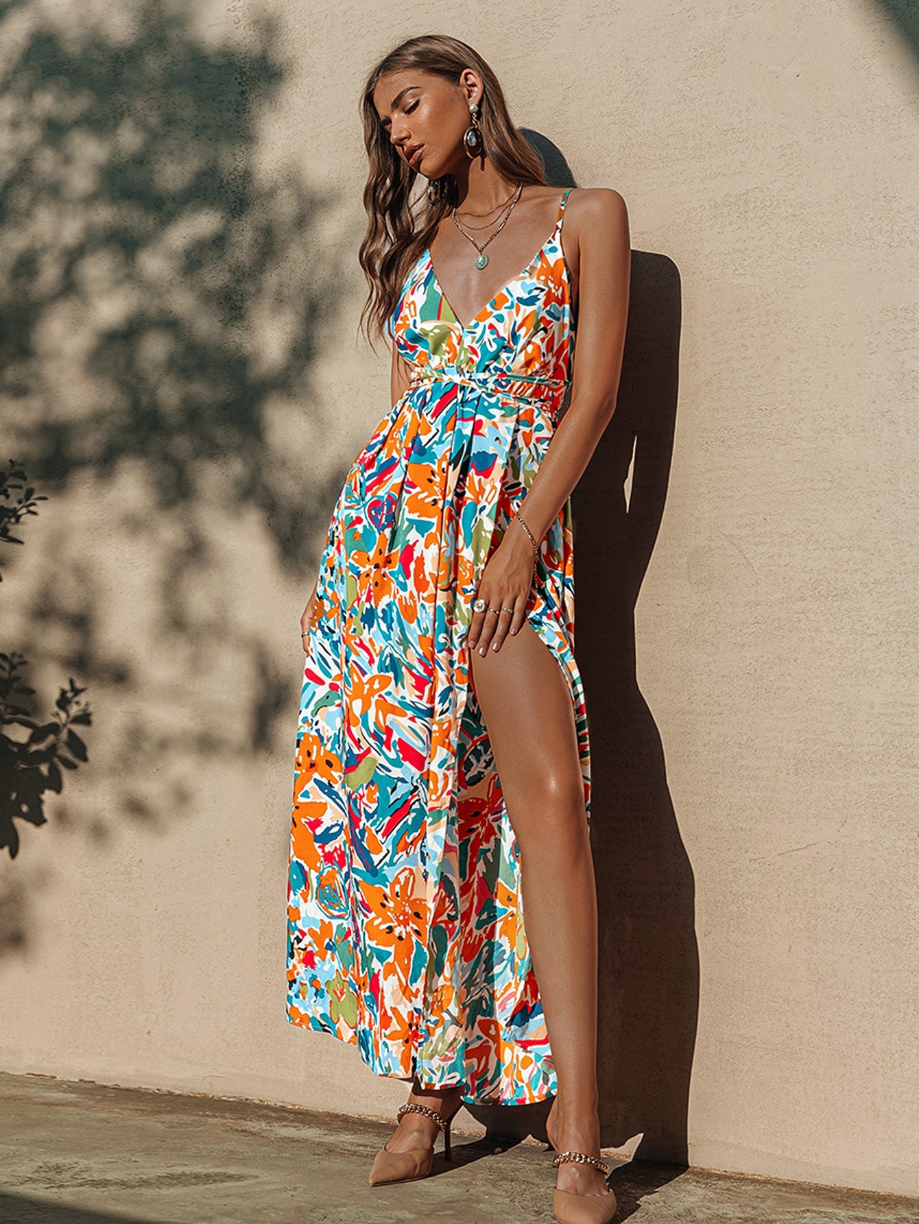 Holiday print straps backless summer party High waist lace up split maxi V-neck beach Dress The Clothing Company Sydney