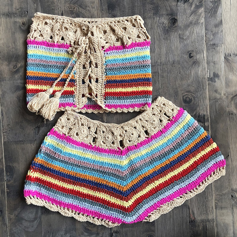 Colorful Stripes Bathing Suit Crochet knit Bikini Set Swimwear Crop Top Shorts Swimwear The Clothing Company Sydney