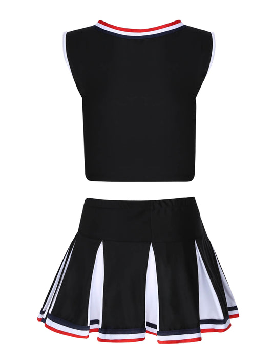 2 Piece Cheerleader Costume Cosplay Elastic Striped Shoulder Straps Back Cross Crop Top with High Waist Pleated Skirt The Clothing Company Sydney