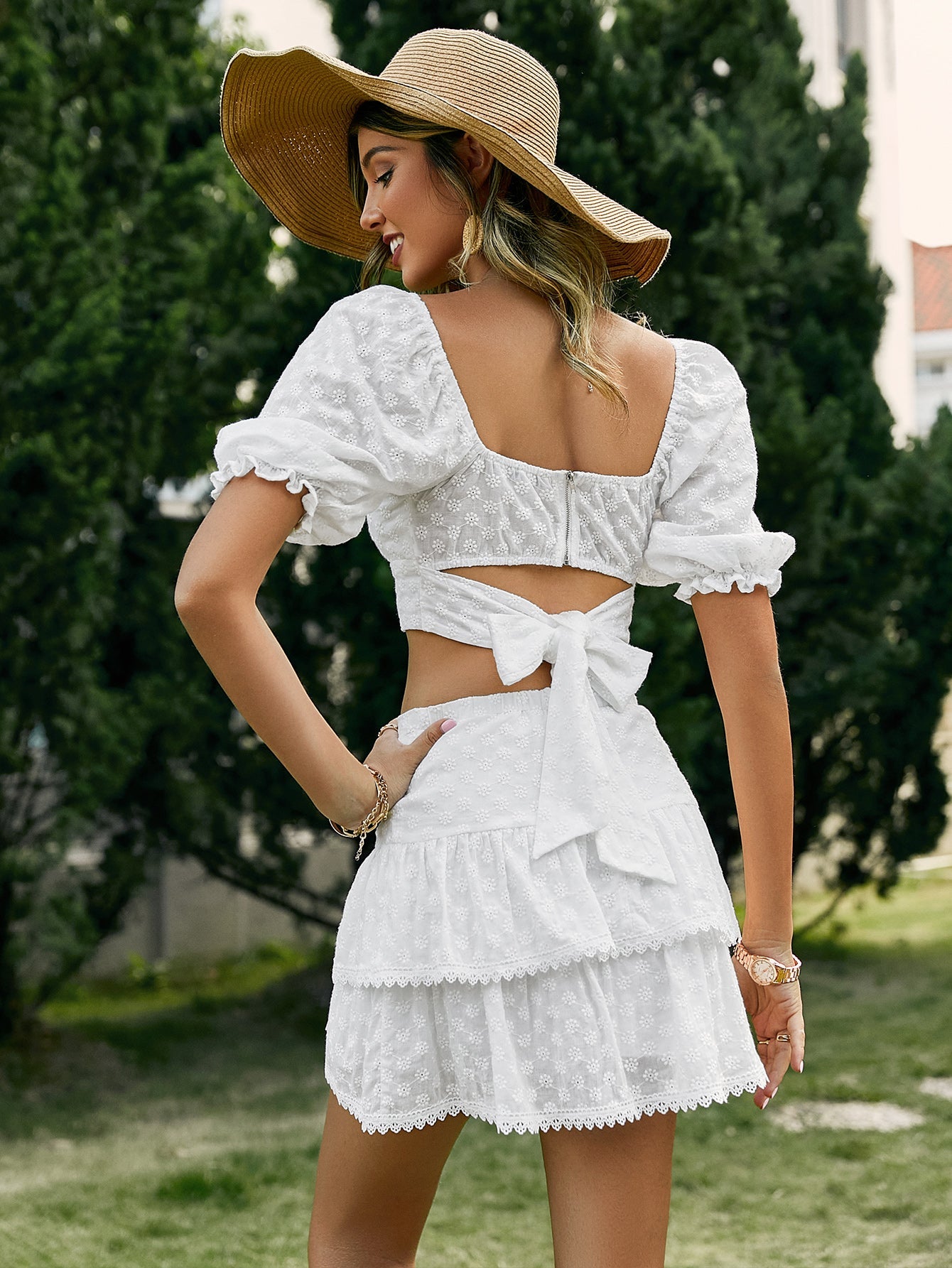 Simplee Holiday puff short sleeve square collar women skirt set white Summer a-line ruffle lace up suit Hollow out two piece set The Clothing Company Sydney