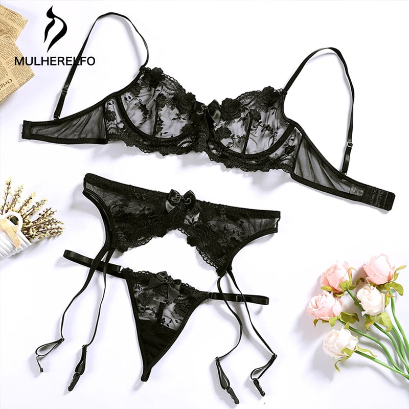 Flower Embroidered Lingerie Set Lace Underwear Push Up Underwire Bras and Garter Panties 3 Piece Set The Clothing Company Sydney