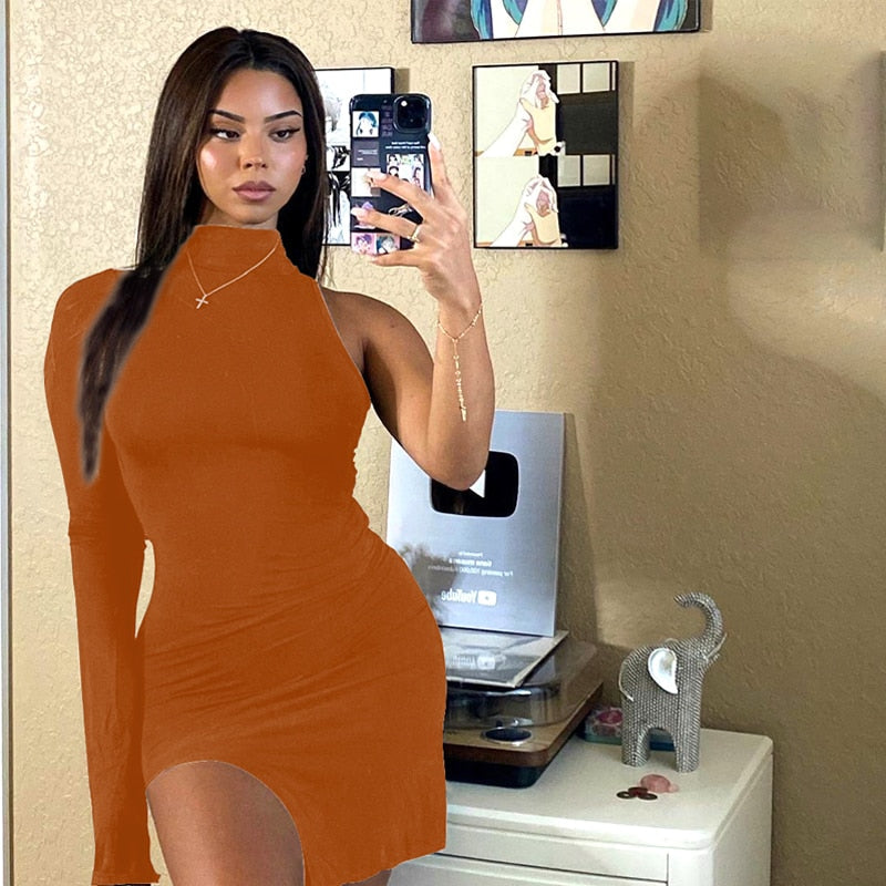 Solid mini one shoulder long sleeve turtleneck bodycon slit streetwear party elegant Dress The Clothing Company Sydney