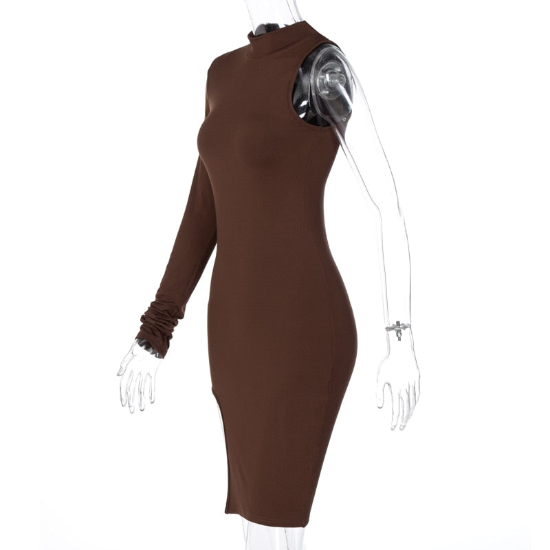 Solid mini one shoulder long sleeve turtleneck bodycon slit streetwear party elegant Dress The Clothing Company Sydney