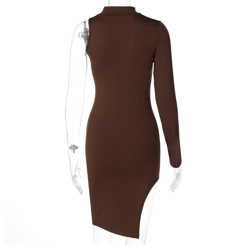 Solid mini one shoulder long sleeve turtleneck bodycon slit streetwear party elegant Dress The Clothing Company Sydney