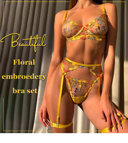 3-Piece  Embroidered Lingerie Garter Mesh Transparent Thong Underwear Set G-String Intimate Set The Clothing Company Sydney