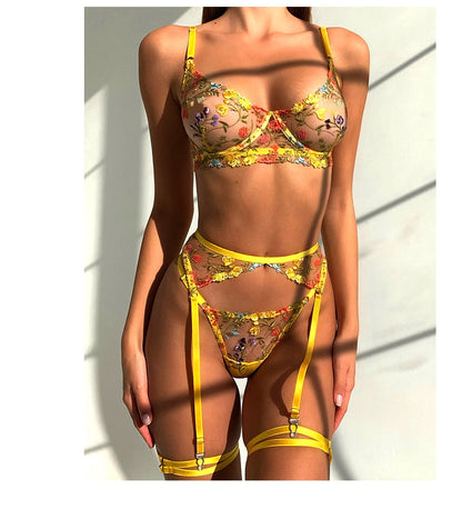 3-Piece  Embroidered Lingerie Garter Mesh Transparent Thong Underwear Set G-String Intimate Set The Clothing Company Sydney