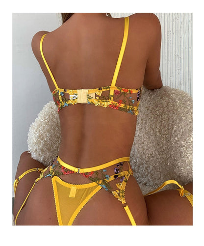 3-Piece  Embroidered Lingerie Garter Mesh Transparent Thong Underwear Set G-String Intimate Set The Clothing Company Sydney