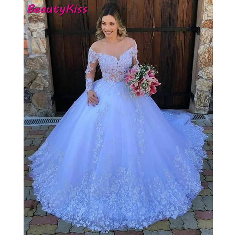 Princess Ball Gown Lace Appliques Long Sleeves Wedding Gowns Plus Size Robe Wedding Dress The Clothing Company Sydney