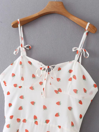 Strawberry Print White Chiffon Spaghetti Strap Vintage Boho Summer Beach Maxi Dress Sleeveless Sundress The Clothing Company Sydney