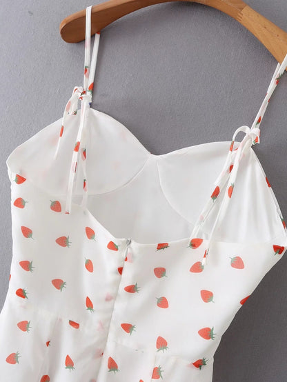 Strawberry Print White Chiffon Spaghetti Strap Vintage Boho Summer Beach Maxi Dress Sleeveless Sundress The Clothing Company Sydney