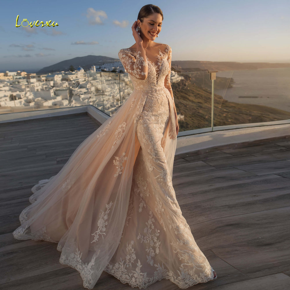 Long Sleeve Lace Mermaid Illusion Detachable Train Trumpet Vintage Bridal Gown Wedding Dress The Clothing Company Sydney