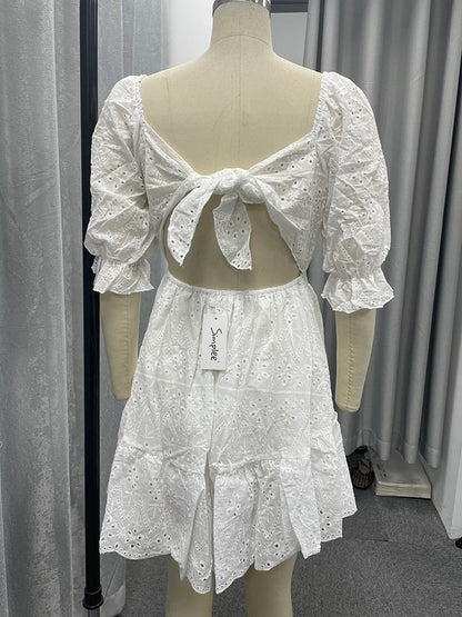 Cotton lace up hollow out summer white Holiday casual high waist ruffled mini dresses A-line frills Dress The Clothing Company Sydney