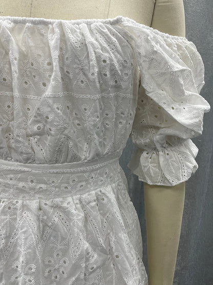 Cotton lace up hollow out summer white Holiday casual high waist ruffled mini dresses A-line frills Dress The Clothing Company Sydney