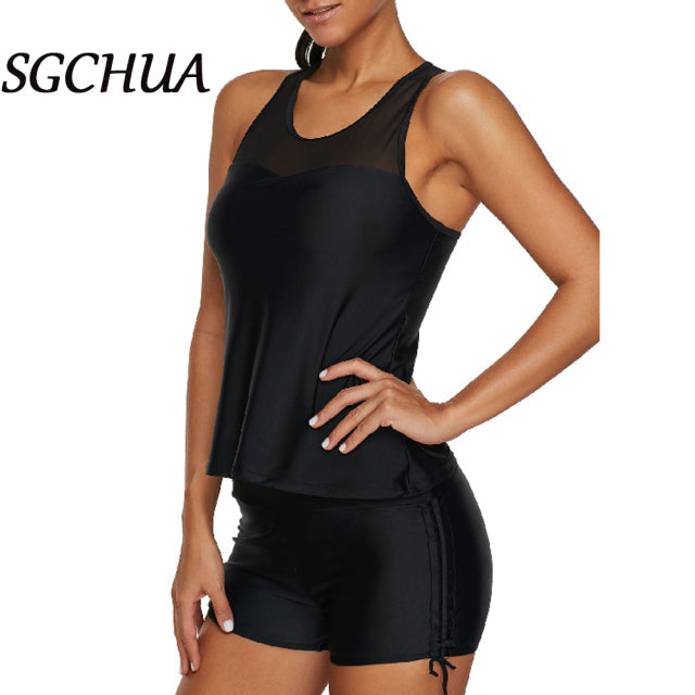 Black Tankini with Golden S Belt Plus Size Two Piece Swimsuit Women Beach Boxer Swimwear The Clothing Company Sydney