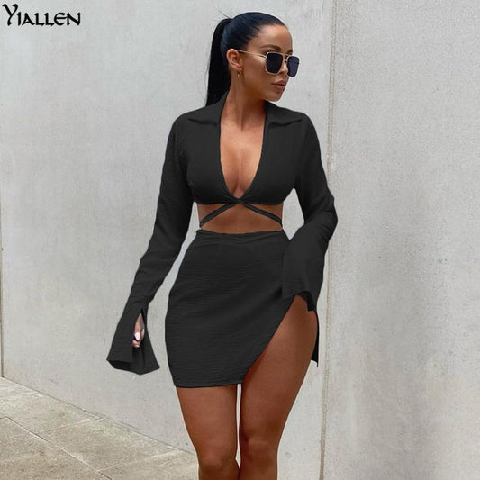 Summer  V Neck Long Sleeve Lace Up Short Top And High Waist Mini Skirt Sexy Street Two Piece Set The Clothing Company Sydney