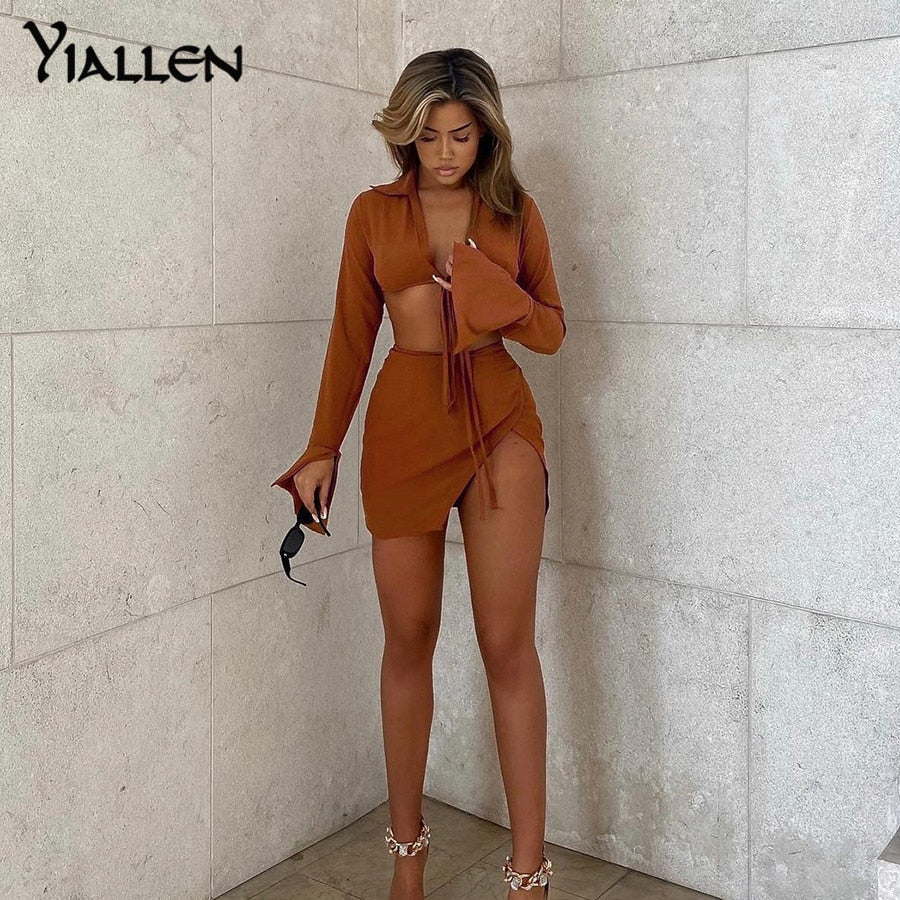 Summer  V Neck Long Sleeve Lace Up Short Top And High Waist Mini Skirt Sexy Street Two Piece Set The Clothing Company Sydney