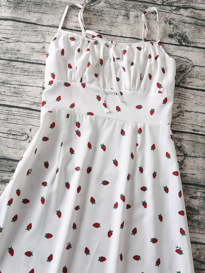 Strawberry Print White Chiffon Spaghetti Strap Vintage Boho Summer Beach Maxi Dress Sleeveless Sundress The Clothing Company Sydney