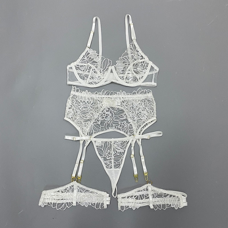 Transparent Lingerie Underwear Brief Set with Garters White Wedding Brassiere Embroidery Bra and Panty Set The Clothing Company Sydney