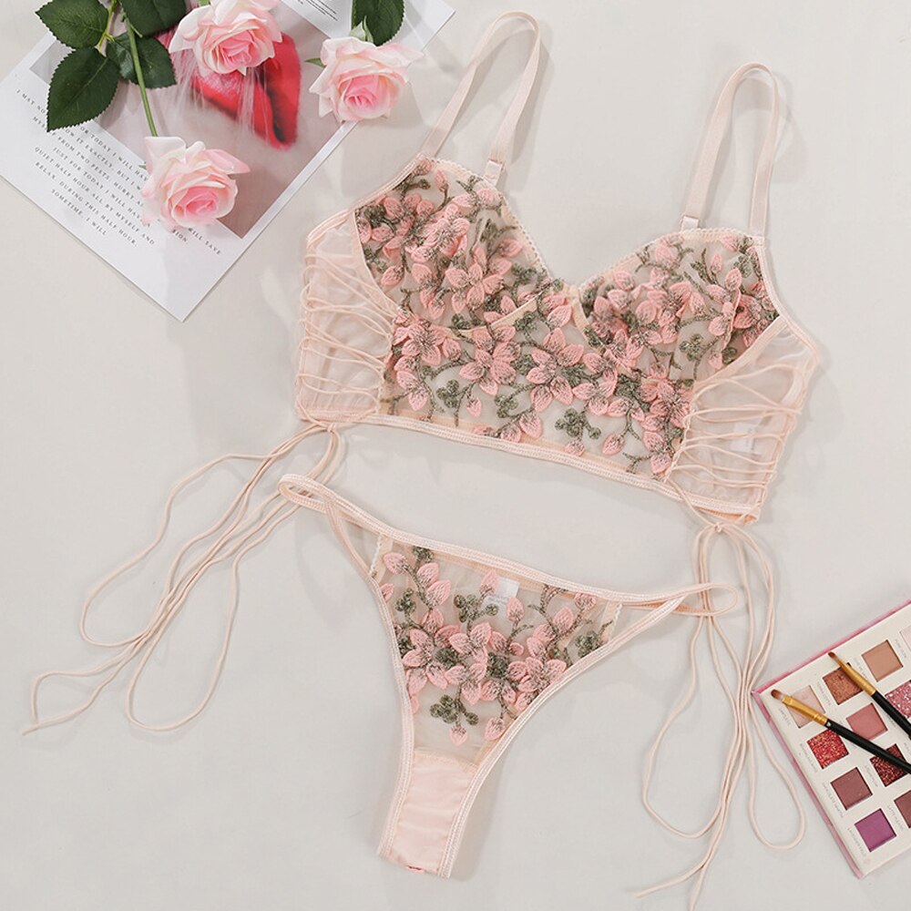 Lace Lingerie Floral Embroidery Bra Brief Sets Push Up Brassiere French Thin Cup Transparent Bralette Underwear The Clothing Company Sydney