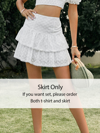 Simplee Holiday puff short sleeve square collar women skirt set white Summer a-line ruffle lace up suit Hollow out two piece set The Clothing Company Sydney