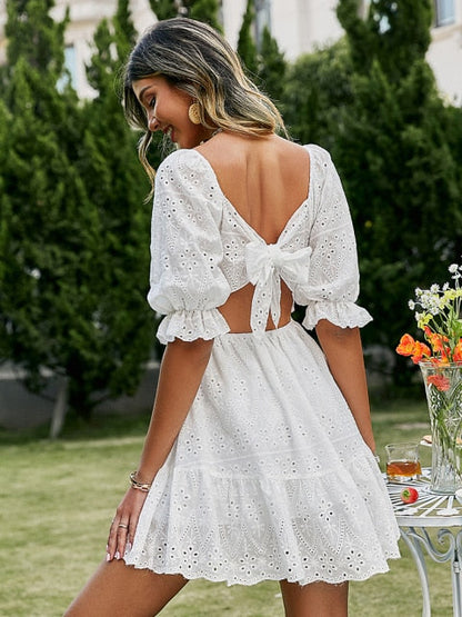 Cotton lace up hollow out summer white Holiday casual high waist ruffled mini dresses A-line frills Dress The Clothing Company Sydney