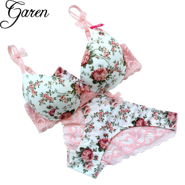 2 Piece Silk Lace Floral Push up Bow Bra and Hollow out Panties The Clothing Company Sydney